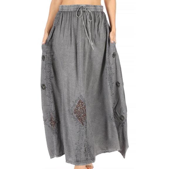 Sakkas Zarah Women's Boho Embroidery Gypsy Skirt with Lace Elastic Waist Pockets - Grey - Plus Size