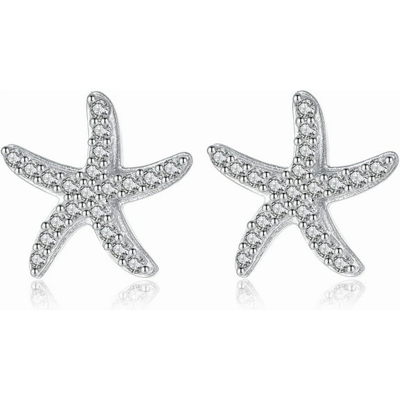 Solid 925 Sterling Silver CZ Starfish Stud Earrings for Women Teens Beach Stud Earrings Sea Fish Earrings