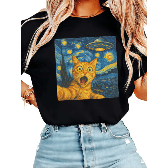 Women Starry Night Cat UFO Graphic Tees T-Shirt Tops Round Neck Cotton T-Shirt Black S-5XL