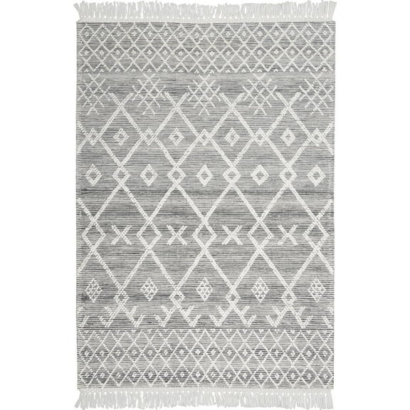 HomeRoots 5' X 8' Gray And Ivory Geometric Hand Woven Area Rug With Fringe