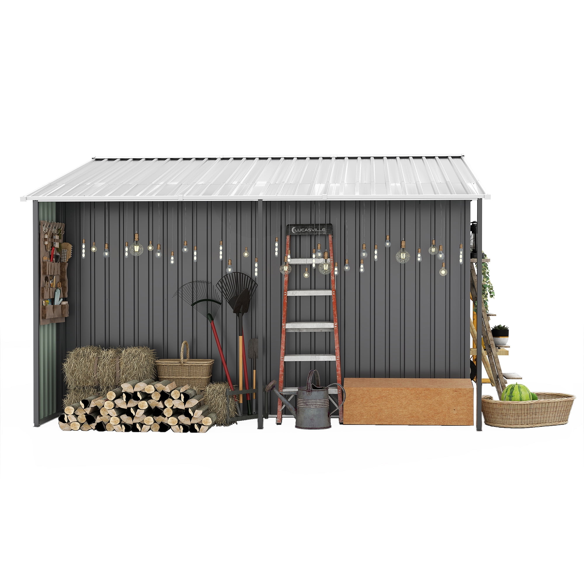 10x12 FT Outdoor Storage Shed - Extra Large Metal Shed with Dual-Zone Design, Sliding Doors & Ramp, Lockable Steel Tiny House for Garden/Backyard, Firewood Storage & Chicken Coops (Dark Gray)