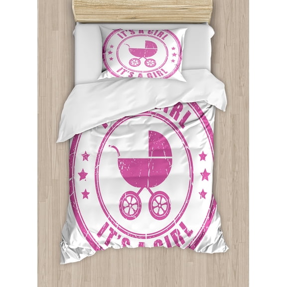 Gender Reveal Duvet Cover Set, Grunge It's a Girl Retro Stamp with Carriage Image, Decorative 2 Piece Bedding Set with 1 Pillow Shams, Twin Size, Fuchsia, by Ambesonne