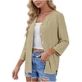 thumbnail image 6 of OGLCCG Womens 3/4 Sleeve Button Down Shirts Solid Color Open Front Cardigan Blouse Casual Loose Fit V Neck Button Up Soft Summer T Shirt,L,Khaki, 6 of 8