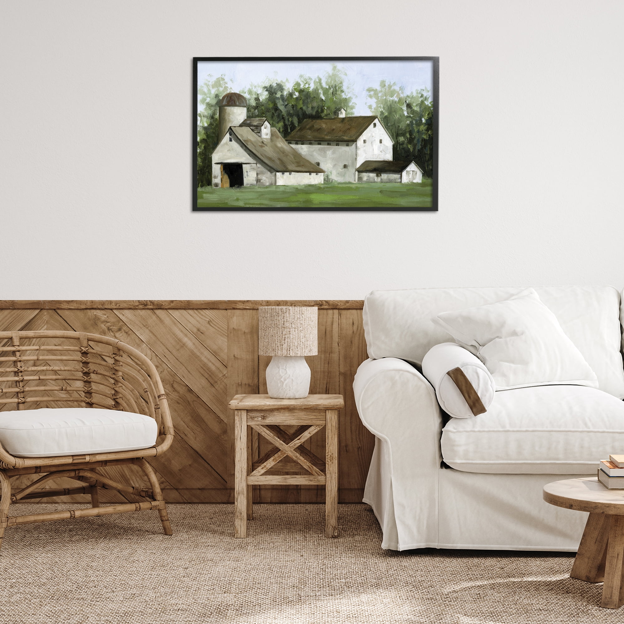 Stupell Industries White Barn Farmhouse Landscape Painting Black Framed Art Print Wall Art, 30 x 20