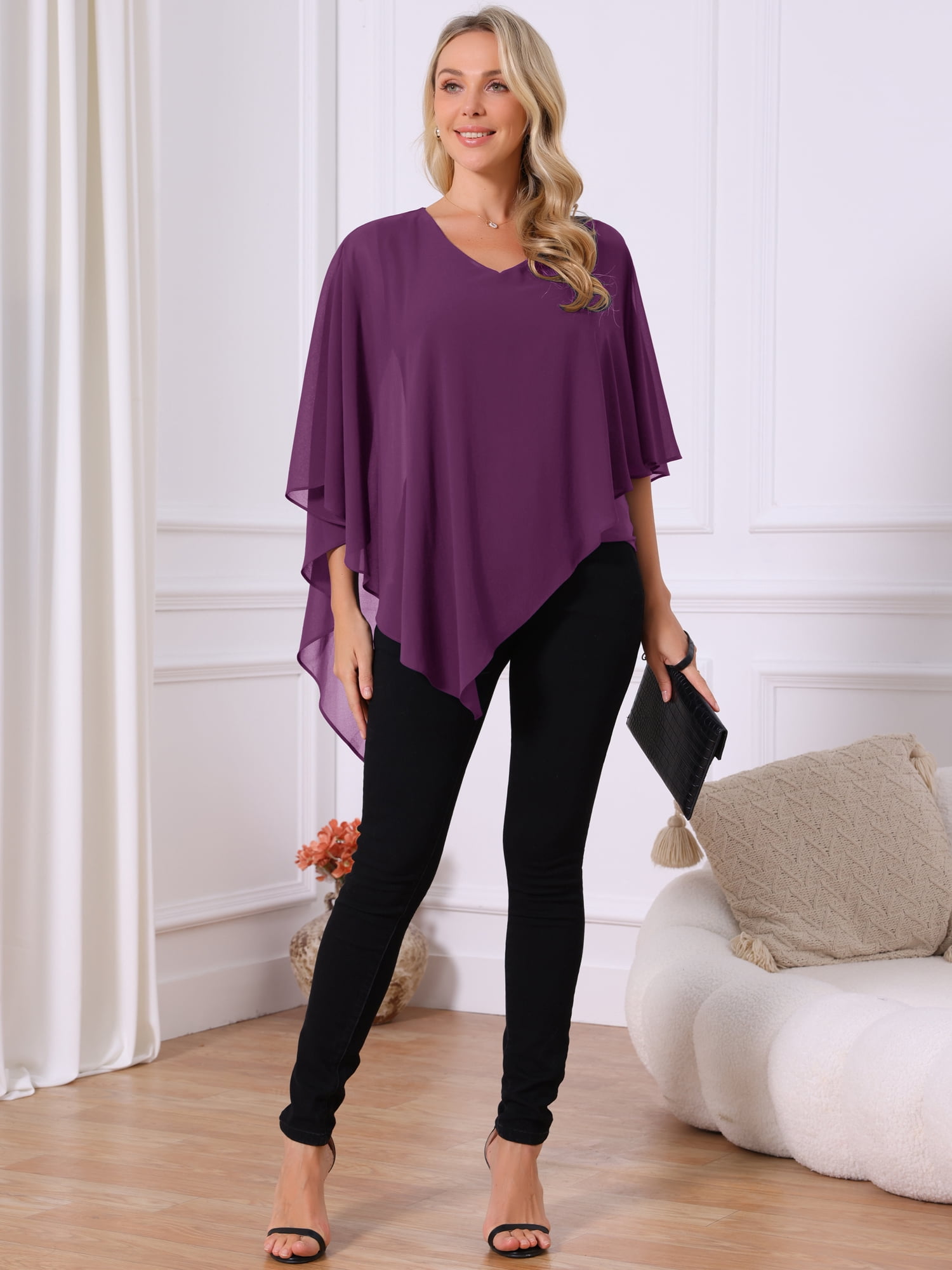 DARING DIVA Women's Flowy V Neck Chiffon Blouse Asymmetrical Top XL Purple