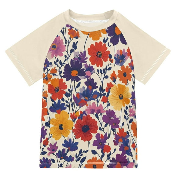FORMRS Boys Rash Guard with Short Sleeves UPF 50 Swim Shirts Sizes 3-12T, Colorful Flowers Pattern