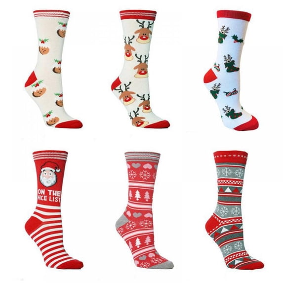 Christmas Sale! 6 Pair, Women Holiday X-Mas Socks, 6 Different Designs,Christmas Gift, Size 9-11