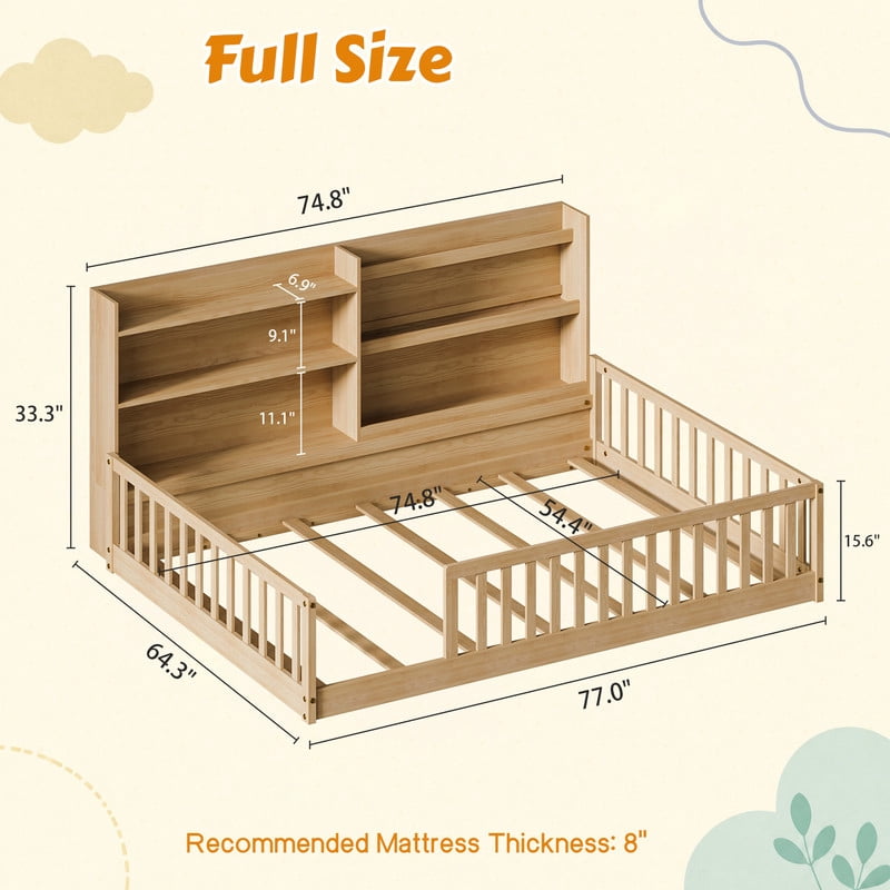 Full Size Kids Montessori Floor Bed with Bookshelf & Safety Guardrail, Wood Low-Profile Platform Bed Frame with Slats