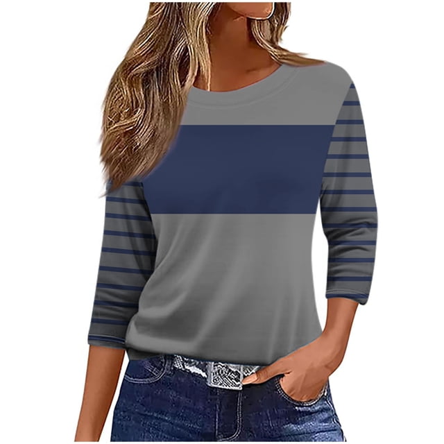 aidice T-Shirts pour Femmes Décontractés à Col Rond Manches 3/4 Hauts Ajustés Confortables Chemises à Rayures à Blocs de Couleur