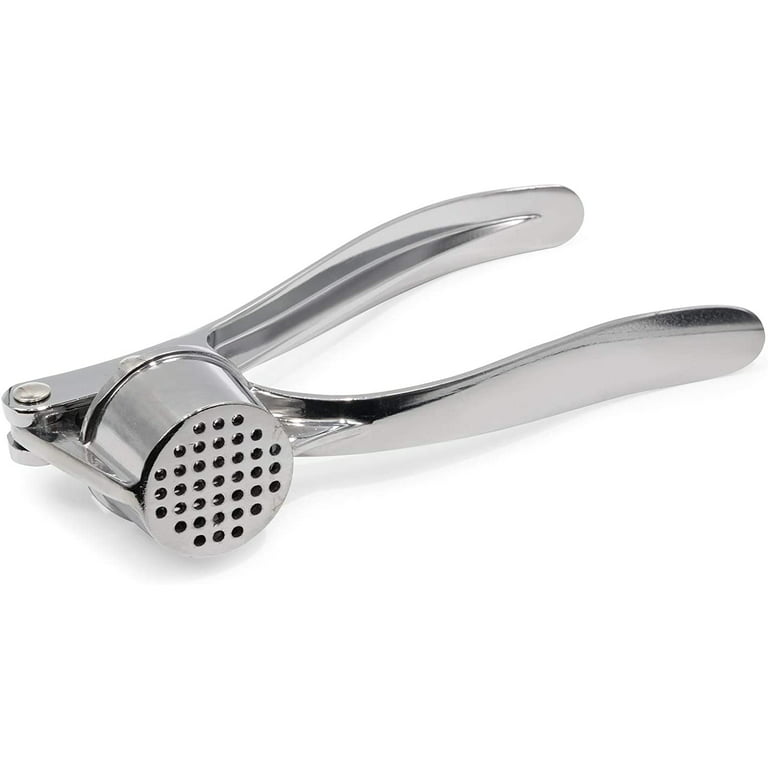Pampered Chef Garlic Press 2575 - Easy Squeeze, Rust Proof, Ergonomic Handle - Professional Garlic Mincer & Ginger Press with Handy Cleaning Brush