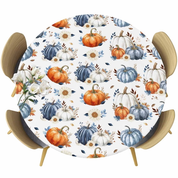 Fall Pumpkins Round Tablecloth, Fitted Table Cover with Elastic for 55"-60" Round Tables, Thanksgiving Daisy Autumn Leaves Country Table Cloth Outdoor Indoor Dinning Party Waterproof Tablecloths