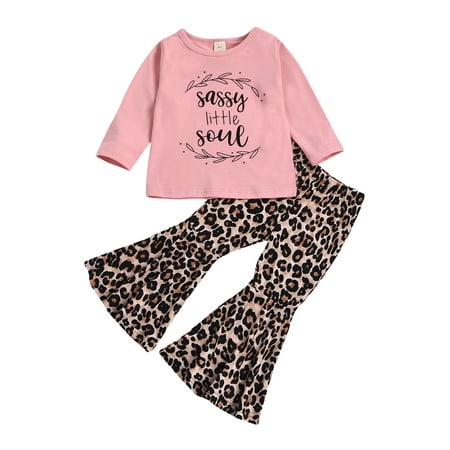 

IZhansean Newborn Baby Girls Clothes Letter Printed Pullover Tops Leopard Long Flared Pants Outfits Pink 18-24 Months