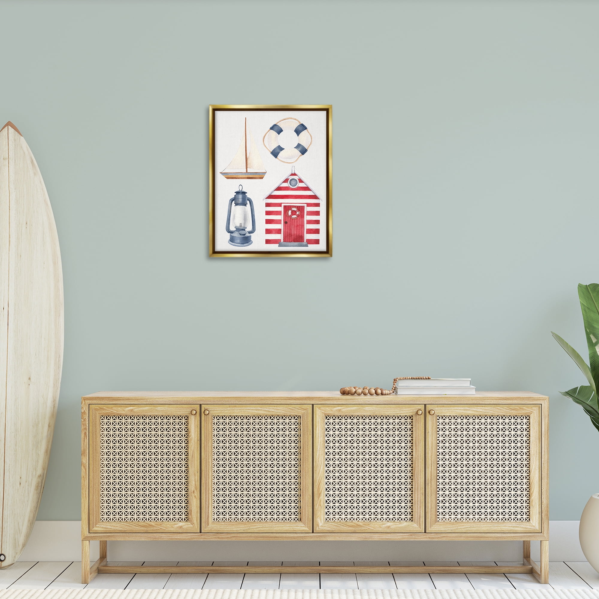 Stupell Industries Maritime Beach Items Nautical & Beach Painting Gold Floater Framed Canvas Art Print Wall Art, 25 x 31