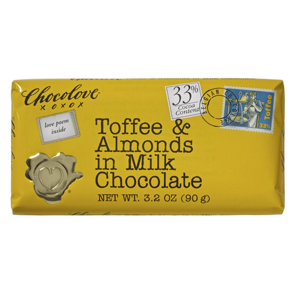 Chocolove XOXOX Toffee and Almonds in Milk Chocolate 3.2 Oz Pack of 12 by