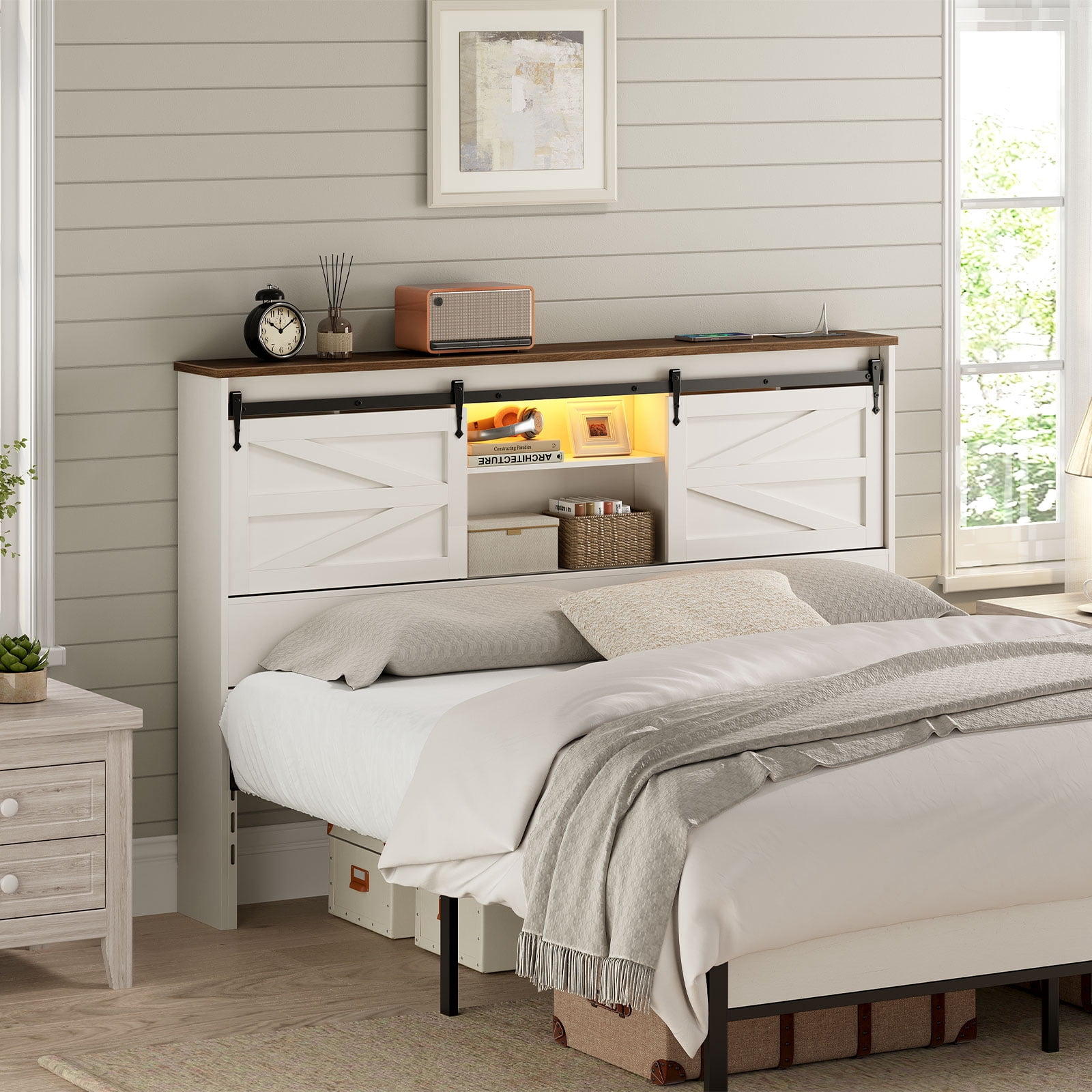 HOOBRO Queen Size Headboard, Headboard with Charging Station and LED Light, 3-Tier Storage Headboard with Outlets and USB Ports, Stylish Headboard, Height Adjustable, White and Walnut WT30UDBH01