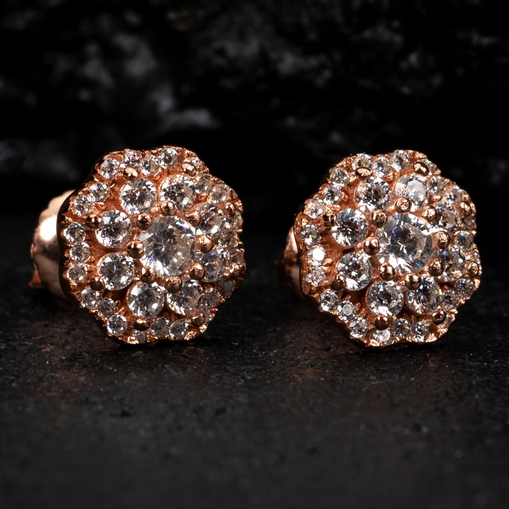 Pink Rose Gold Plated 925 Sterling Silver Screw Back Post Iced CZ Circle Flower Cluster Round Hip Hop Stud Earrings