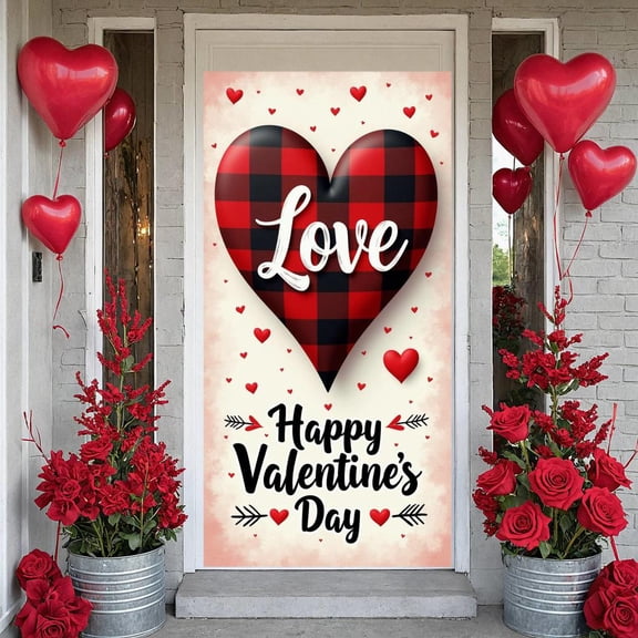 Plaid Pattern Valentine's Day Banner Heart Shape Love Display Red Black Color Love Lettering Heart Backdrop for Valentine's Party Romantic Date Photo Shoot