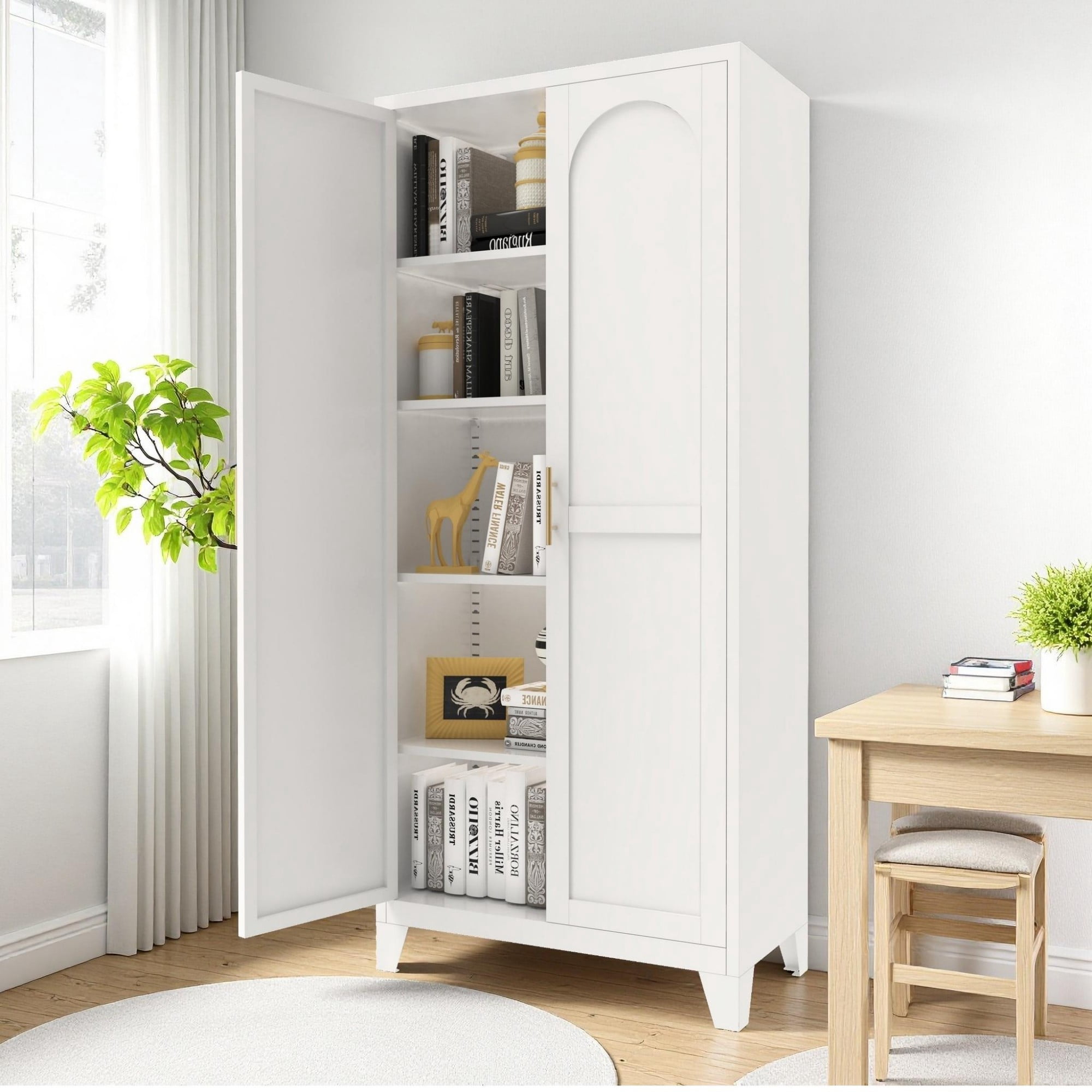 HOQBN 71 Inch Metal Storage Cabinet with 2 Doors,Tall Steel Cabinet with Adjustable Shelves,Freestanding Floor Storage Cabinet for Bedroom,Living Room,Kitchen,Office,Pantry,White