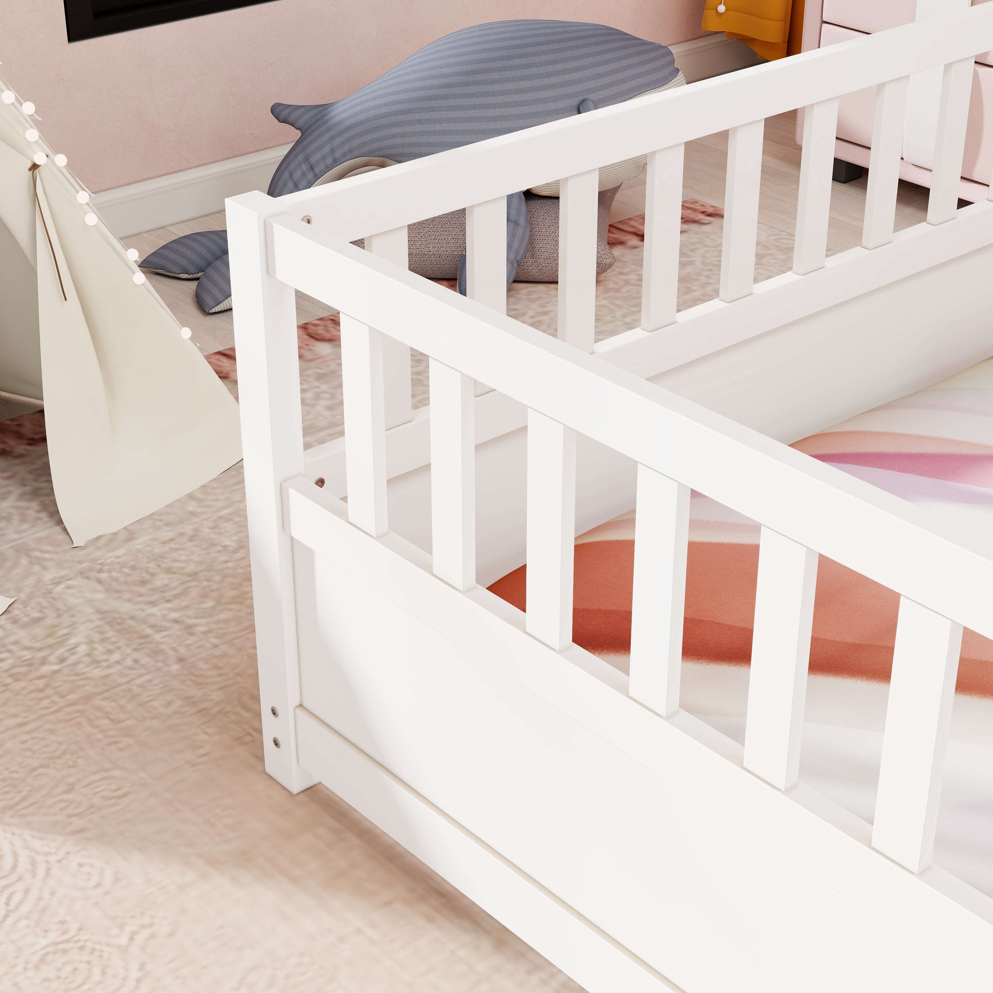 Wood Floor Bed with Fence and Door for Kids, Full, White