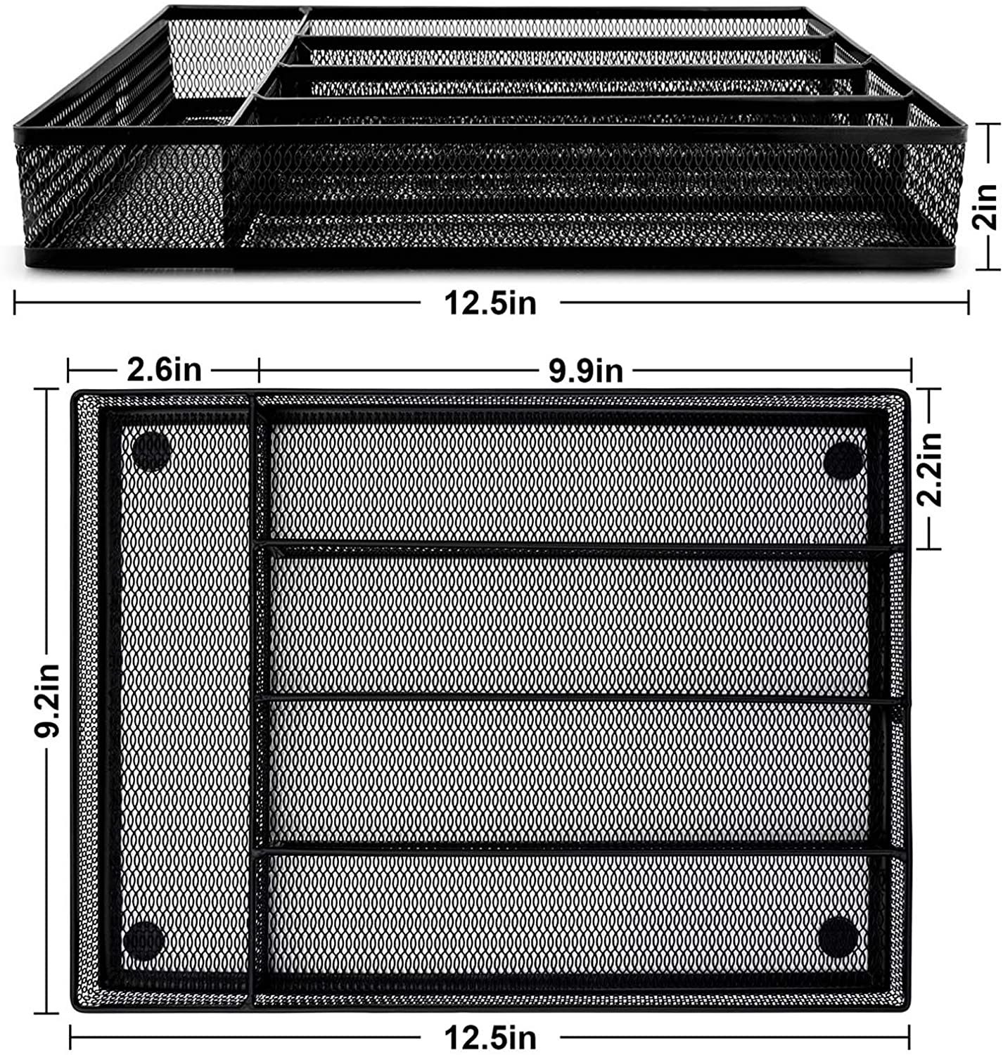 Kitchen drawer organizer, stainless steel utensil separator, with anti-slip foam feet stainless steel knife storage tray, 5 compartments, 12.5 x 9.2 inches, black