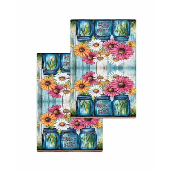 Red White Daisy Kitchen Dish Towels for Drying Dishes Set of 2, Vintage Bottle Teal Wooden Grain Waffle Weave Microfiber Terry Hand Tea Bathroom Towels Quick Dry & Absorbent Towel 15.7x23.6