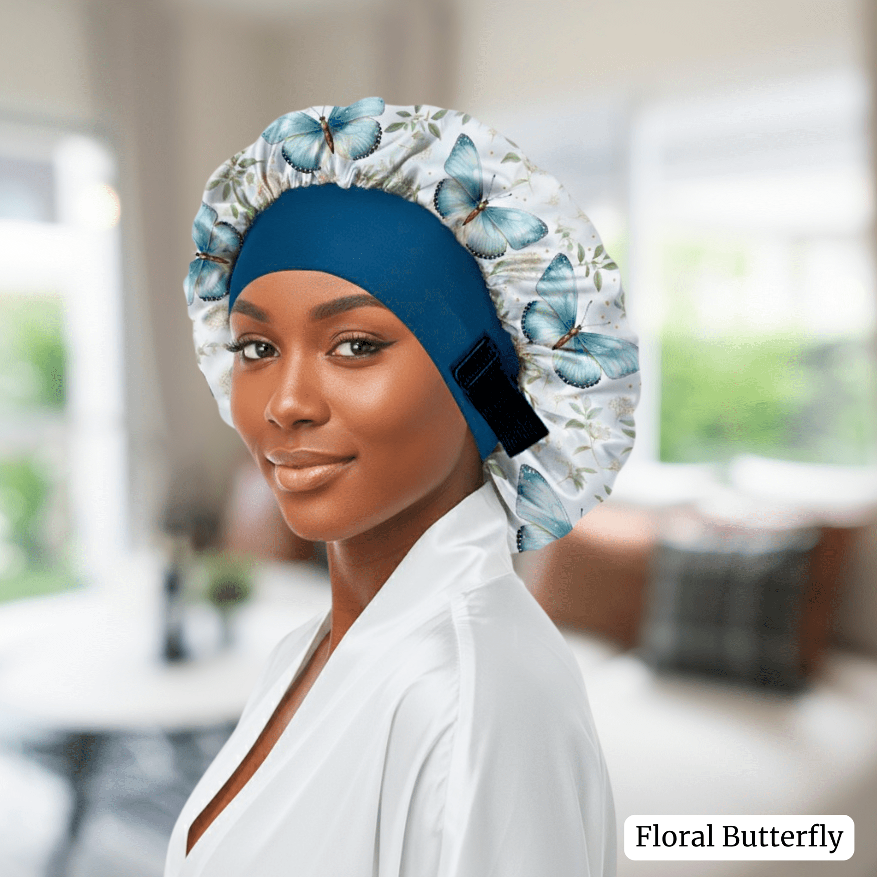 No Tie Wide Band Satin Bonnet for Sleeping, Non Slip Sleep Cap for Curly Hair Braids Locs, Floral Butterfly