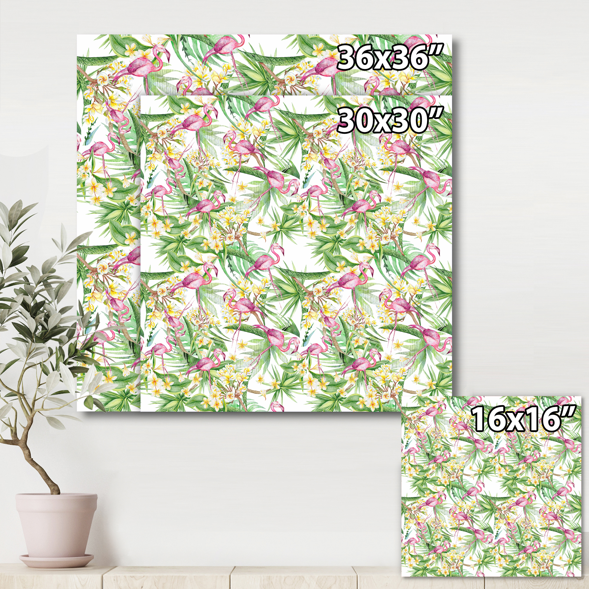 Designart ' Yellow Flowers, Tropical Foliage With Flamingo II ' Modern Canvas Wall Art Print