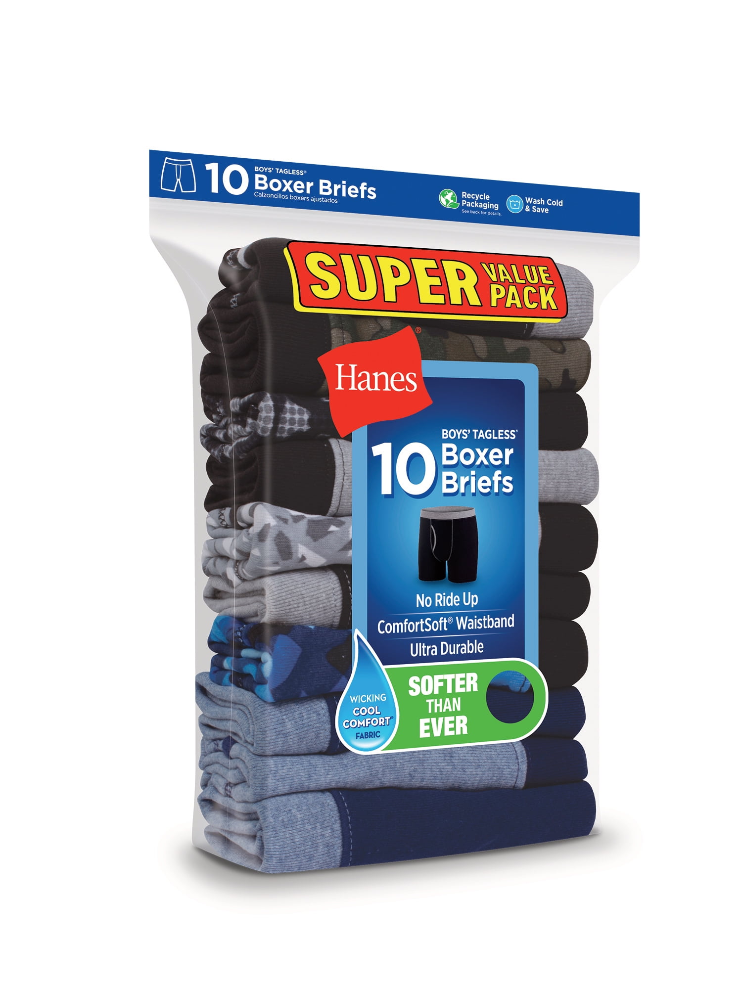 Hanes Boys 10 Pack Tagless ComfortFlex Waistband Boxer Briefs (Sizes S-XXL)