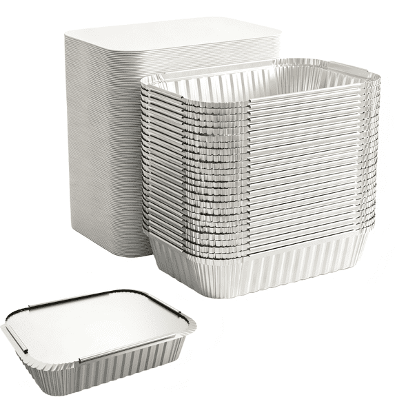 50-Pack Disposable Aluminum Foil Pans with Lids, 8.3x6.2 Inch 2.25LB To-Go Containers for Cooking, Baking, Catering & Meal Prep - Freezer & Oven Safe