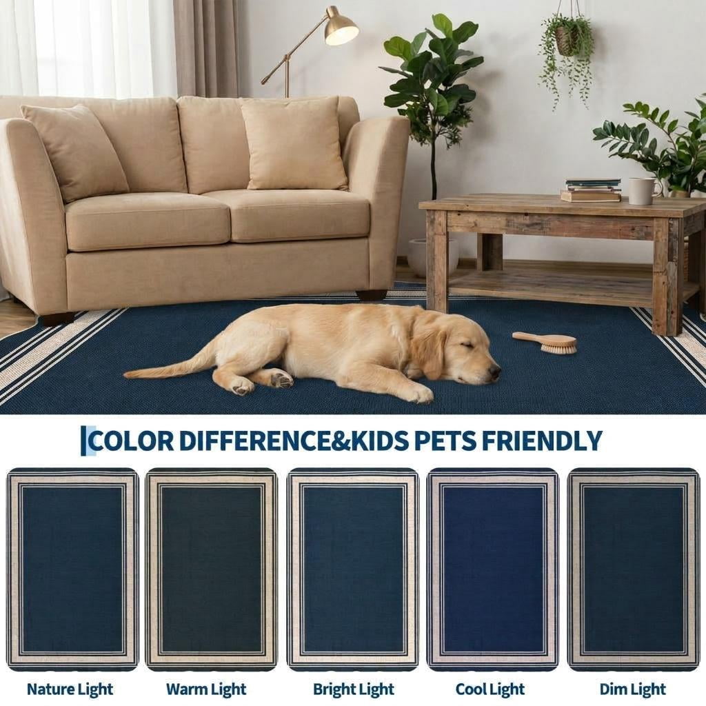 HIWEAVER Navy 2' x 6' Easy Jute Runner for Kitchen Non Slip Stain Resistant Scalloped Indoor Outdoor Throw Carpet Non Shedding Modern Geometric Mat for Hallway Outdoor Patio Rug