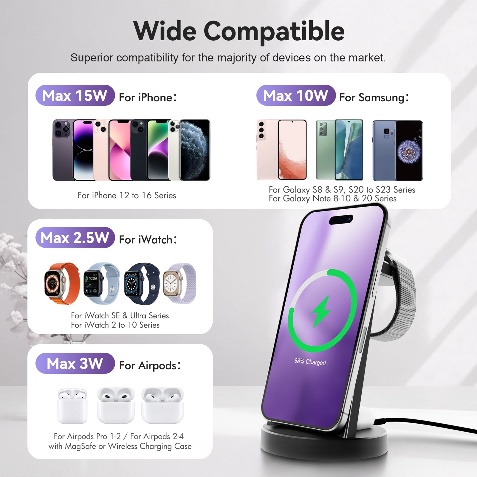 Charging Station, 15W Wireless Charger for iPhone 17 16 15 14 13 12 Pro X Max XR, Compatible with AirPods iWatch,3 in 1 Magnetic Stand