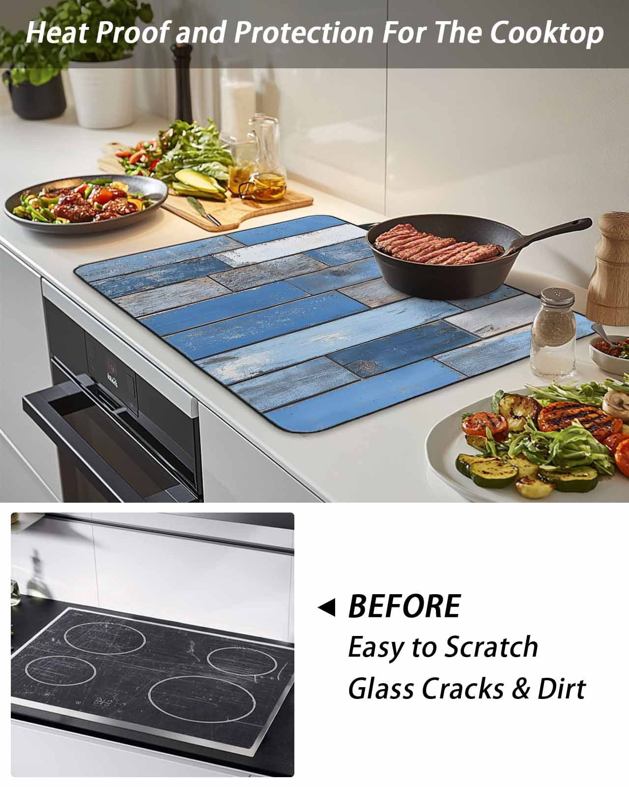 Stove Top Covers for Electric Stove 31x24 Inches, Vintage Blue Wooden Heat Insulation Fireproof Glass Cooktop Protector, Farmhouse Wood Grain Multipurpose Countertop Stovetop Cover for Kitchen