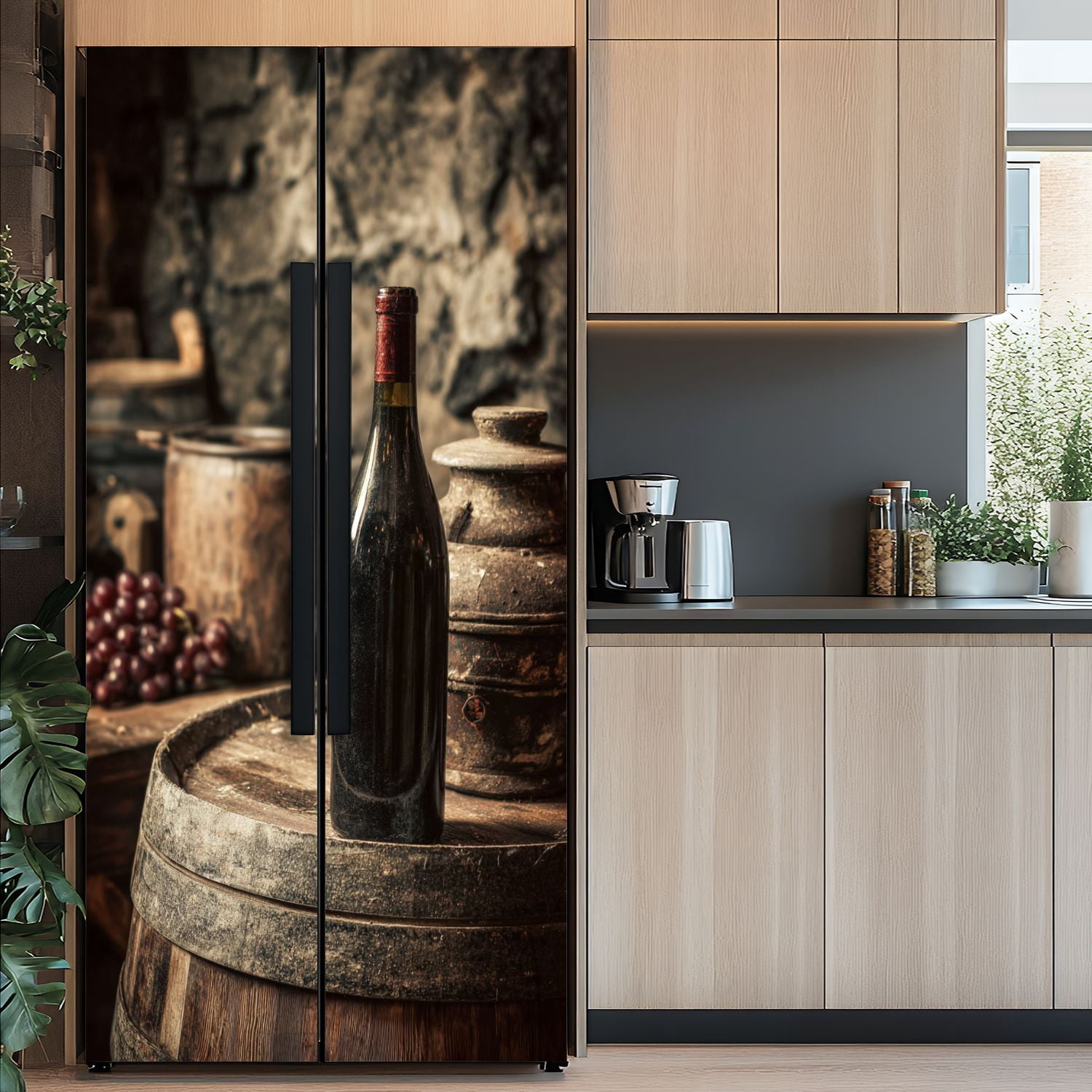 Self Adhesive Vinyl Refrigerator Wrap Set Red wine bottle cellar Door Mural Removable Fridge Sticker Peel and Stick&nbsp;Full Door Cover Decal Kitchen Bar Decor