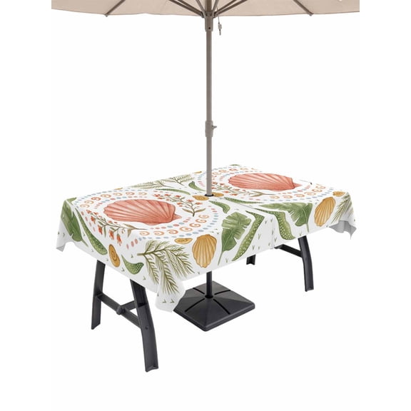 Outdoor Tablecloth with Umbrella Hole for Patio/Picnic/Party/Camping, Scallop Shell Waterproof Table Cloth Rectangle Table Cover Washable, Coastal Palm Leaves Tropical Boho Botanical (60"x 120")