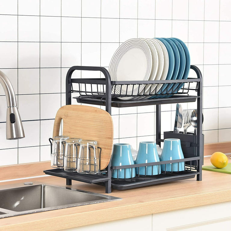 CutePrdts Dish Rack,2 Tier Kitchen Dish Drainer Rack for Kitchen Counter Cabinet Easy Assemble Large Capacity Dish Drying Rack with Side Mounted Utensil