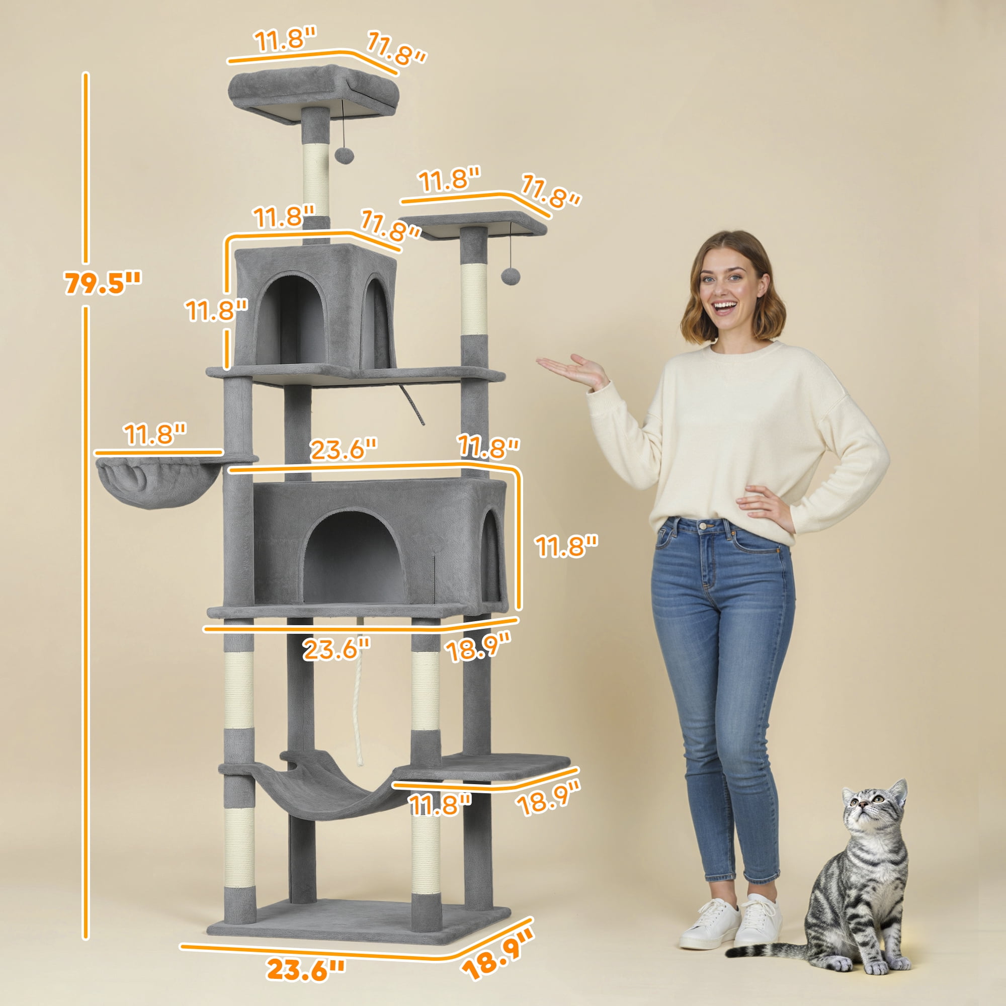PawHut Large Cat Tower with 2 Condos, 80" Multi-Level Cat Tree with Hammock and Sisal Scratching Posts for Multiple Indoor Cats, Dark Gray