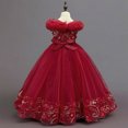 thumbnail image 6 of VNKIDY Girls Kids Off The Shoulder Feather Trim Long Ball Gown Dress With 3D Floral Applique Tulle Skirt For Birthday Party Wedding Flower Girl Soft Dress, 6 of 9