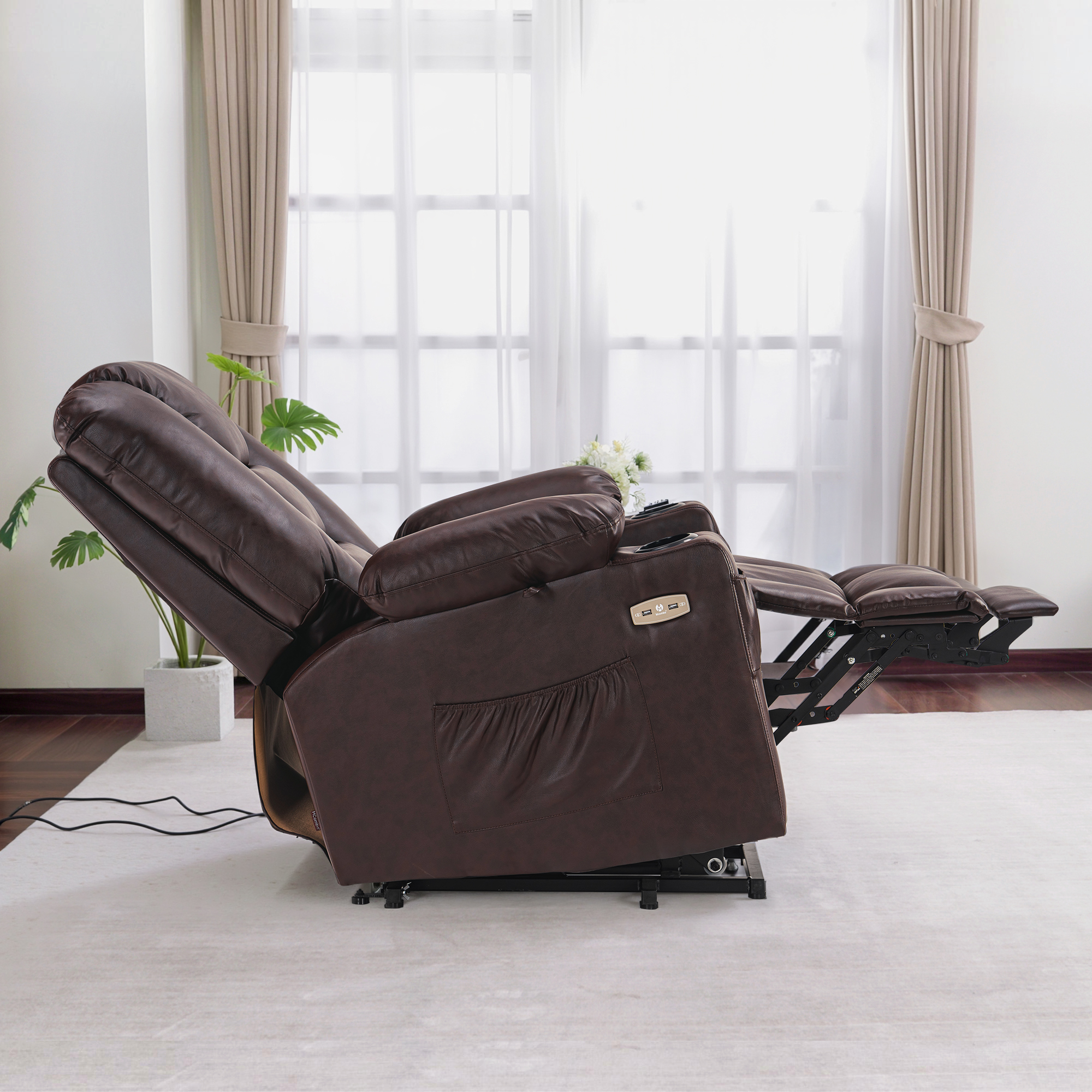 MCombo Power Lift Recliner Chair with Massage and Heat for Elderly People, Faux Leather 7519 (Medium, Dark Brown)