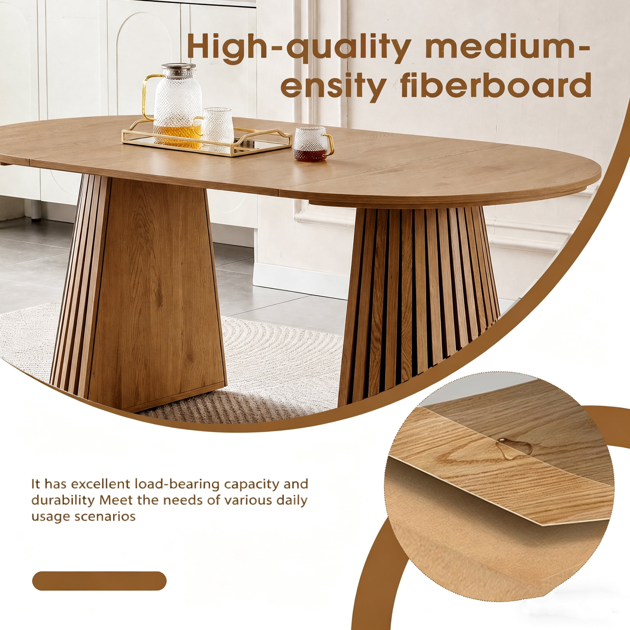Dining Table 70.87 Inch, Extendable Kitchen Table with Oval Top and Slatted Wood Legs, Multi-Functional MDF Table for Dining Room and Office, Natural Wood