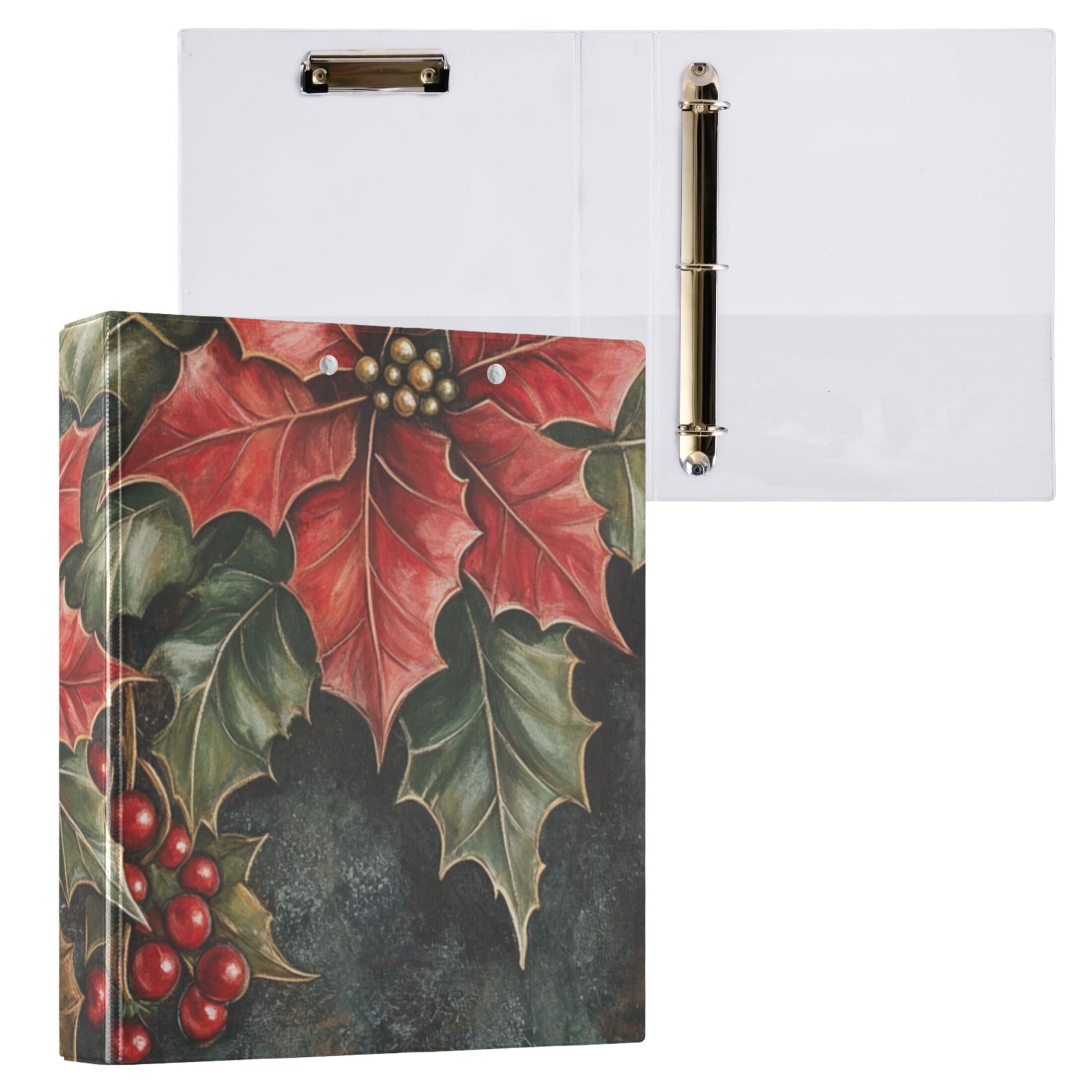 Adorned Poinsettia Holly Leaves 3 Ring Binders 1.5 inch Hardcover File Folders with Interior Pockets A4 Size Organizer for School Office Hospital
