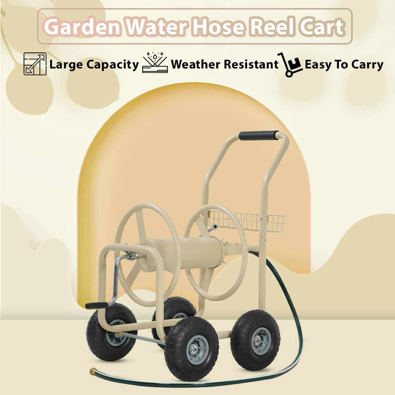 Hose Reel Cart, Hold Up To 300 Ft of 5/8" Hose, Garden Water Hose Carts Mobile Tools with Wheels and Storage Basket, Heavy Duty, for Garden, Yard, Lawn Outdoor Planting, Tan