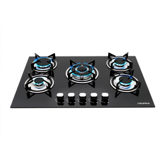 Parrilla BRIONI SUPRA para gas 5 quemadores cristal templado negro 76 cm