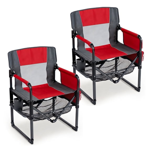 Gymax 2PCS Outdoor Camping Chair Heavy Duty Lawn Chair w/ Cup Holder & Side Pocket Red & Grey