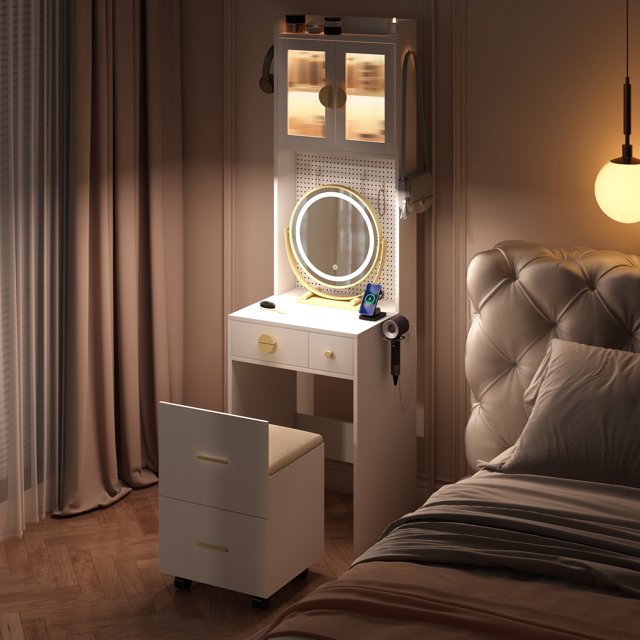 Ktaxon Makeup Vanity Table for Small Spaces, Vanity Table Set with 3 Color LED Light, Bedroom Dressing Table, White
