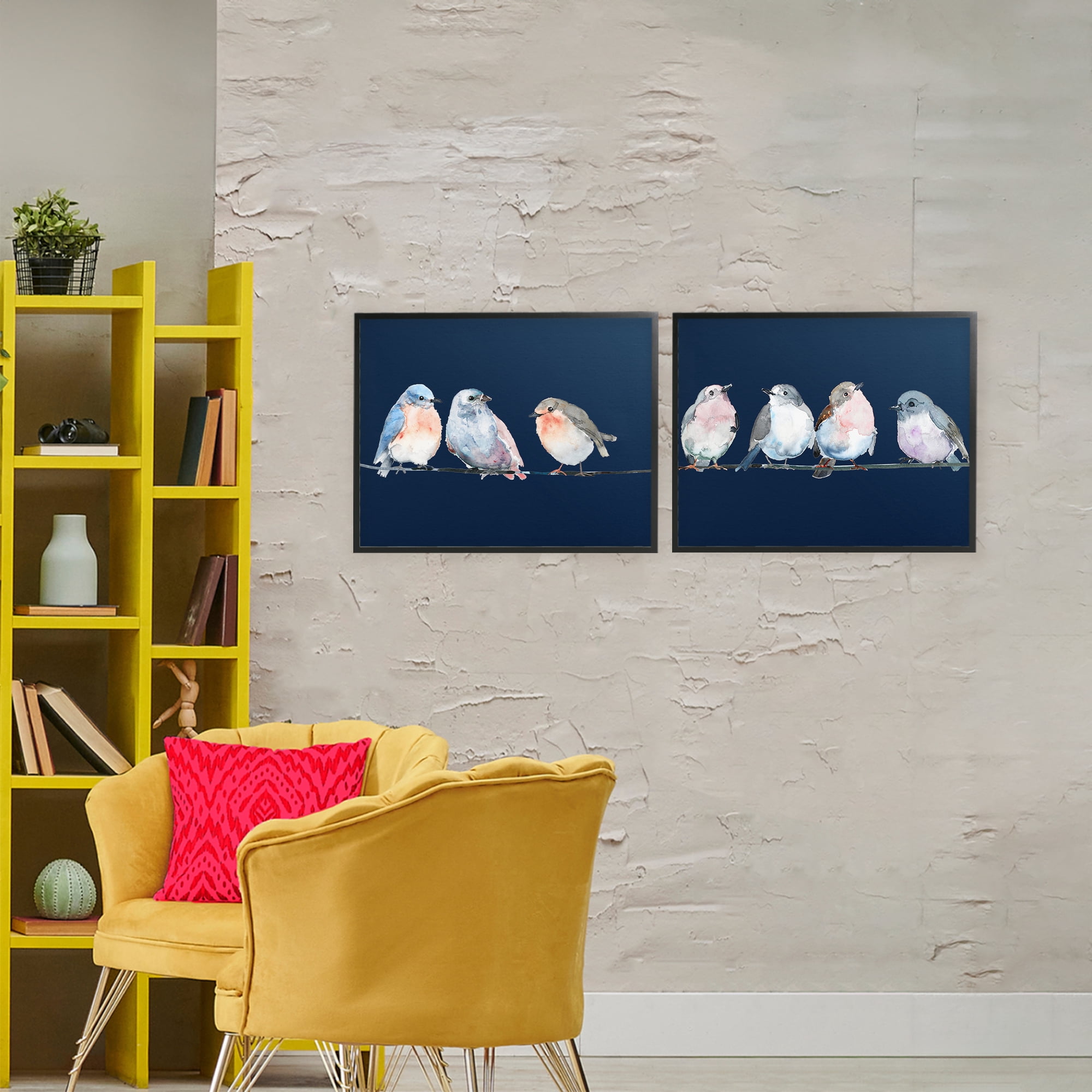 Stupell Industries Perched Navy Toned Birds 2 Piece Black Framed Giclee Art Set, design by Lorenzo Collective