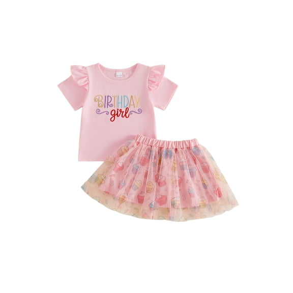 BemeyourBBs Kids Toddler Baby Girl Birthday Outfits 1 2 3 4 Years Birthday Girl Clothes Letter Embroidery Short Sleeve T-Shirt and Elastic Cake Print Tulle Tutu Skirt Set Baby Girl Summer Clothes