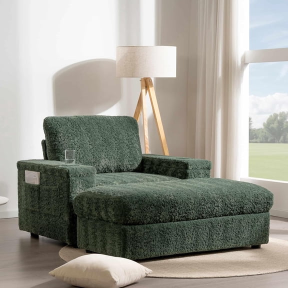 Newest 42" Oversized Chaise Lounge Indoor,Faux Rabbit Fur Sofa Bed with Storage Ottoman and Armrests,Cup Holders,Upholstered Sleeper Chair,Reading Couch with Deep Seat for Living Room