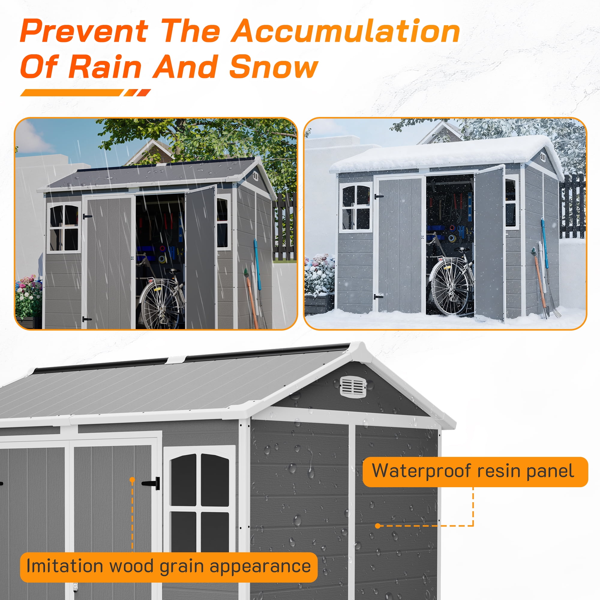 LZBEITEM 8' x 6' Outdoor Resin Shed  with Floor, Garden Plastic Storage Shed Durable, Heavy Duty Lockable Door & Window for Backyard
