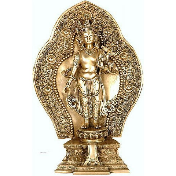 Exotic India (Tibetan Buddhist Deity) Padmapani Avalokiteshvara Standing Against an Ornamented Aureole - Brass Sc