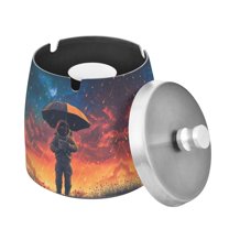 Yayeee Ashtray with Lid for Cigarette Smokeless Stainless Steel Home Ash Holder, Astronaut at Dawn